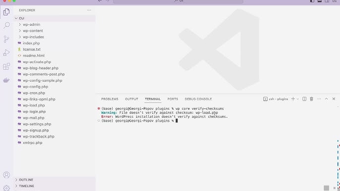WP malware removal: wp core verify-checksums output flagging modified WordPress core files