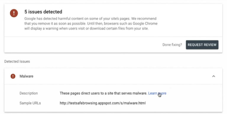 Google Search Console Security Issues report after WordPress malware removal