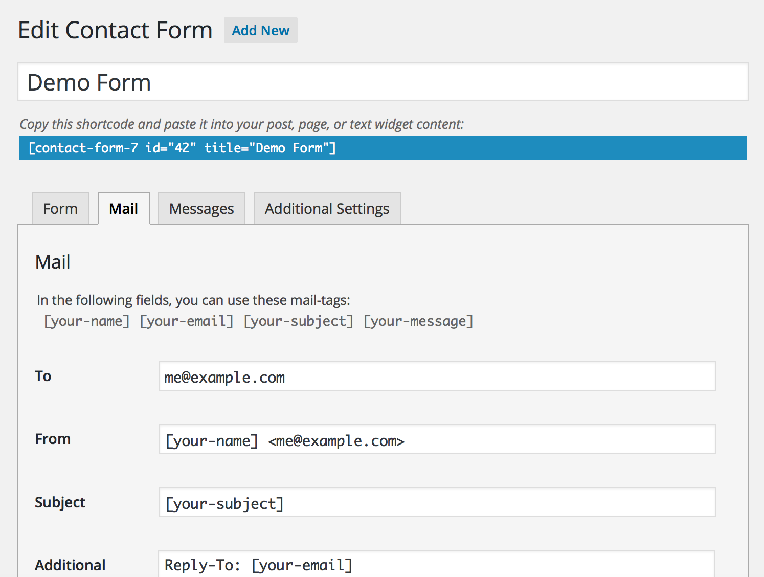 Contact Form 7 Mail tab with From on the site domain and Reply-To set to the visitor's email mail-tag