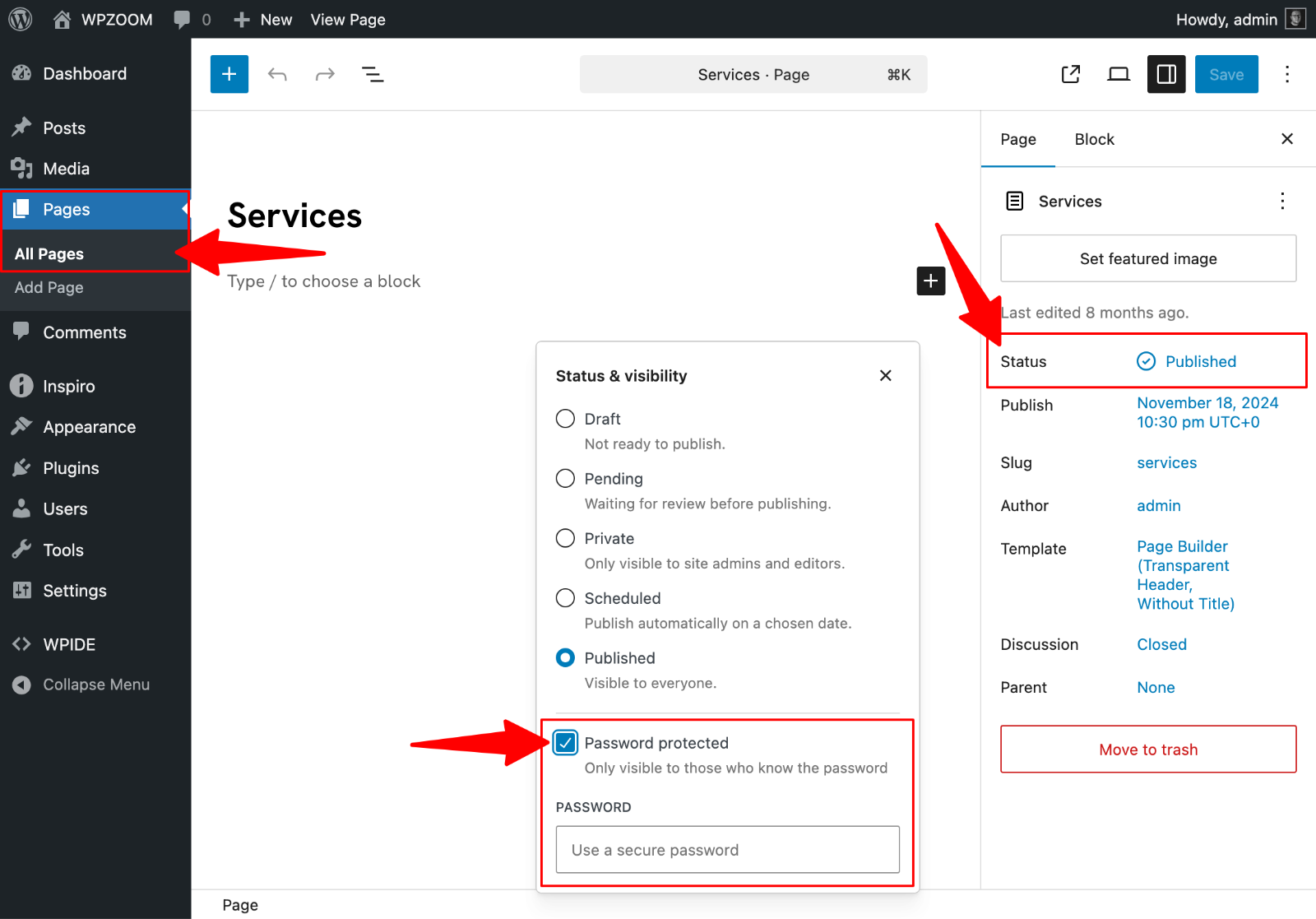 WordPress editor Visibility panel with Password protected selected to add password protection to a page