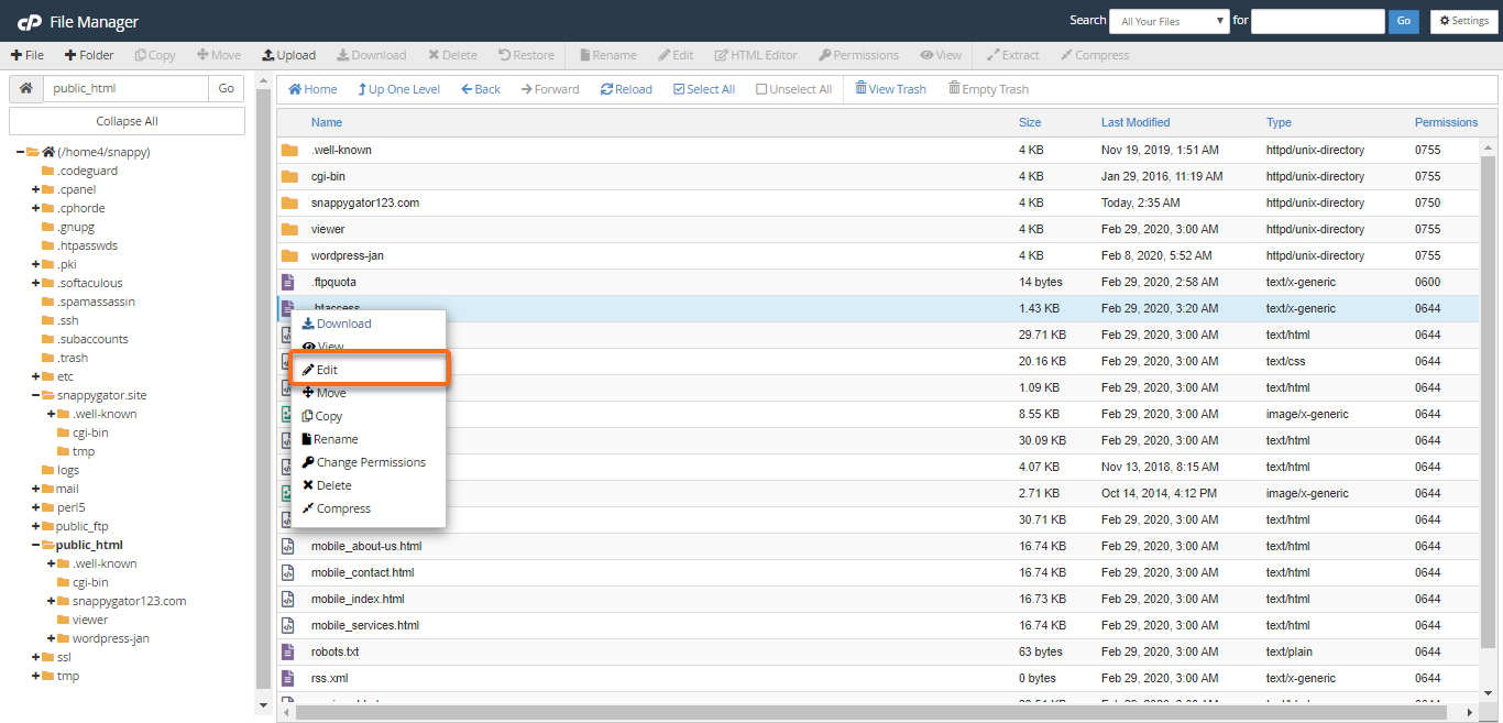 Hosting file manager showing the WordPress .htaccess file for Apache security rules