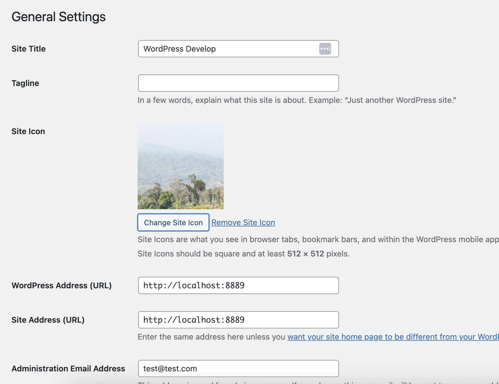 WordPress Settings General screen showing the Site Icon field used to change the favicon