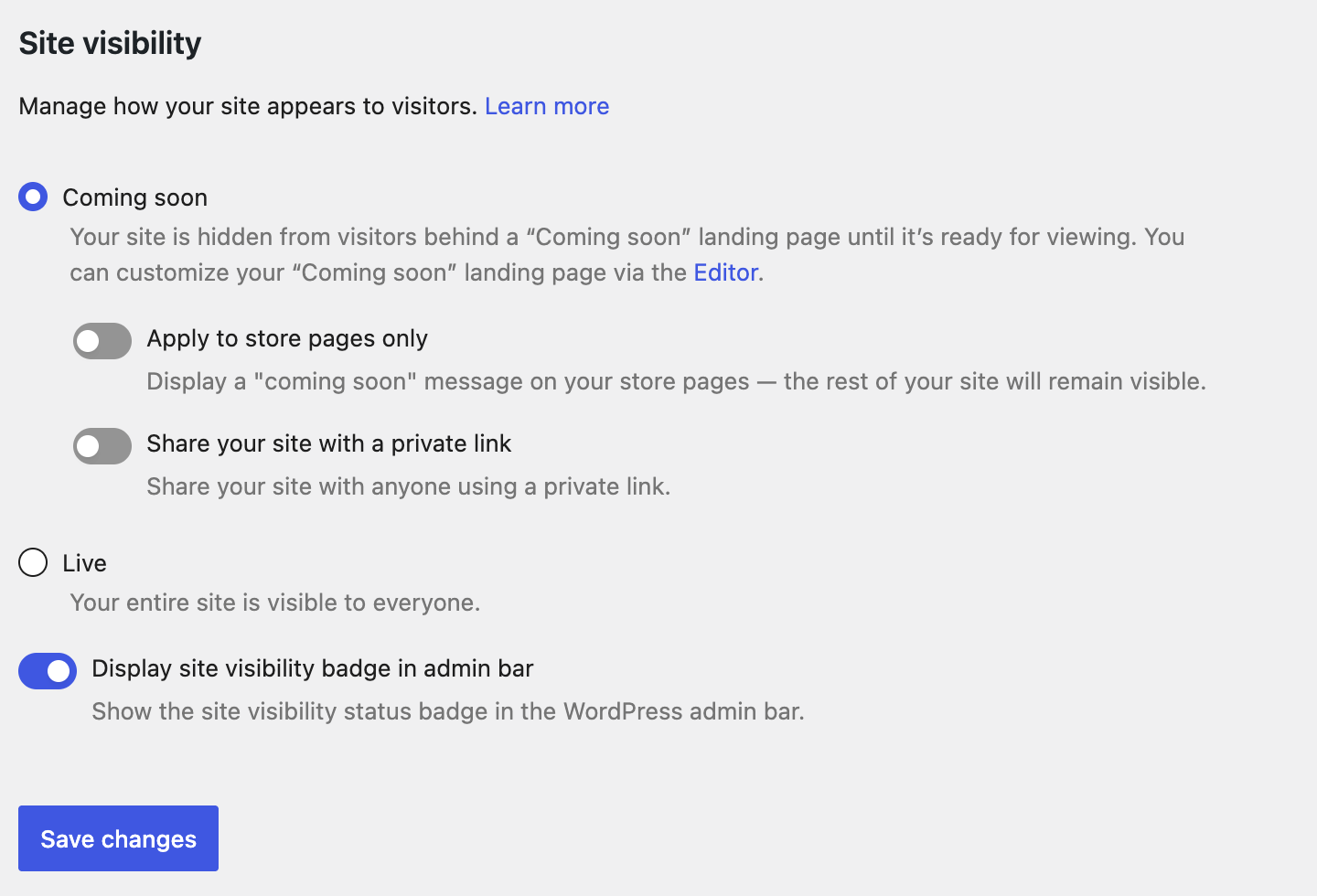 WooCommerce Site visibility settings with Coming soon and Live options