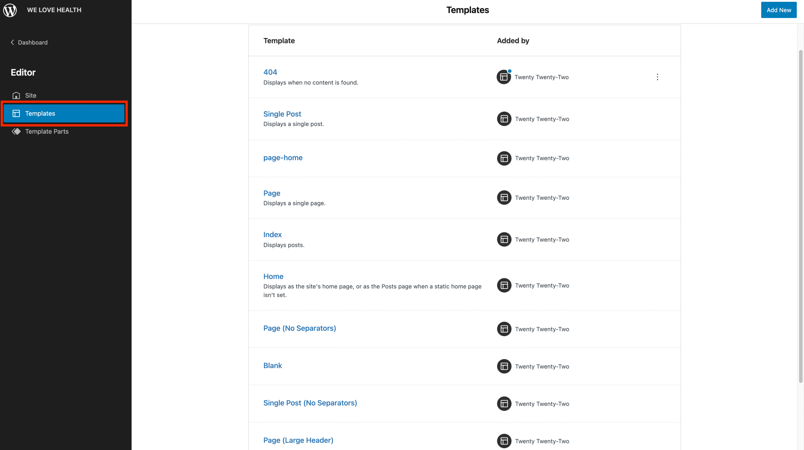 WordPress Site Editor Templates screen used to customize a block theme template