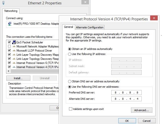 Windows IPv4 properties dialog for setting a public DNS server to fix DNS_PROBE_FINISHED_BAD_CONFIG