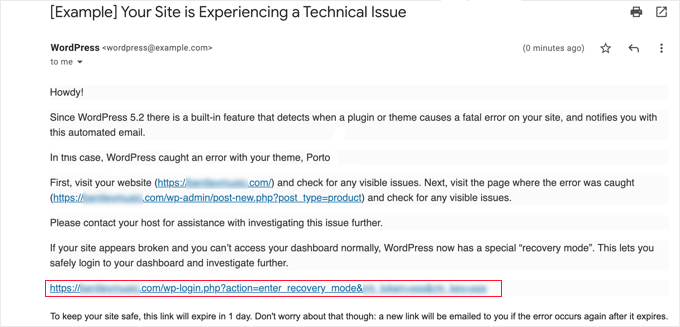 WordPress Recovery Mode email naming the plugin that caused a fatal error