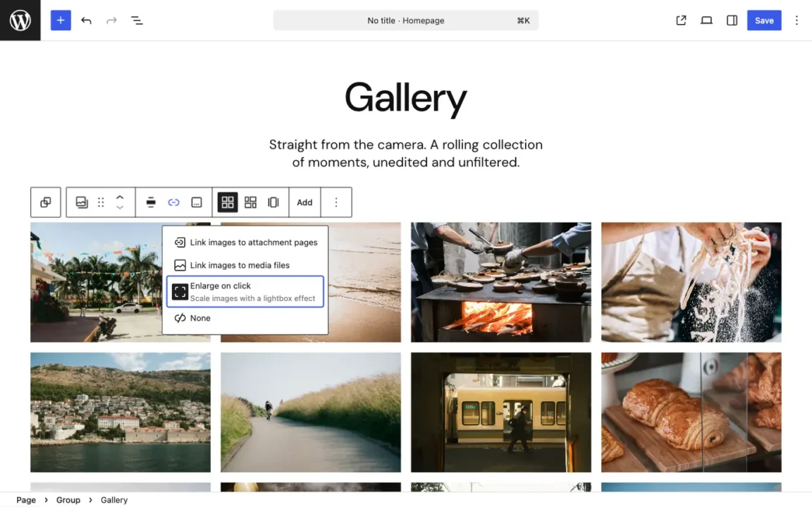 WordPress Gallery block link menu with Enlarge on click selected for the gallery lightbox