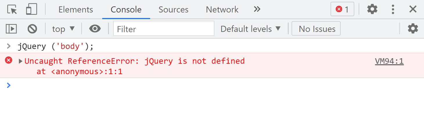 Browser Console showing jQuery is not defined, a common cause of a broken WordPress gallery lightbox