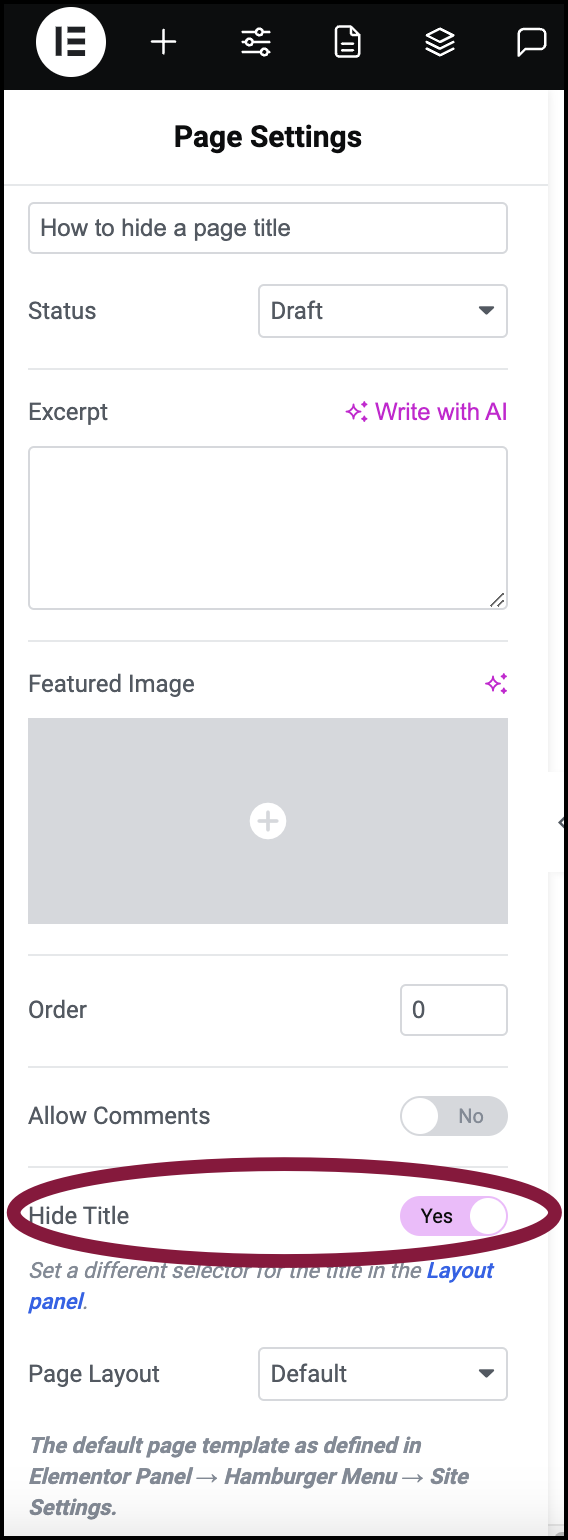 Elementor page settings panel with the Hide Title option for a WordPress page