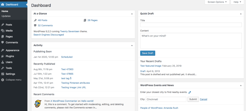 WordPress At a Glance dashboard widget showing the WordPress version