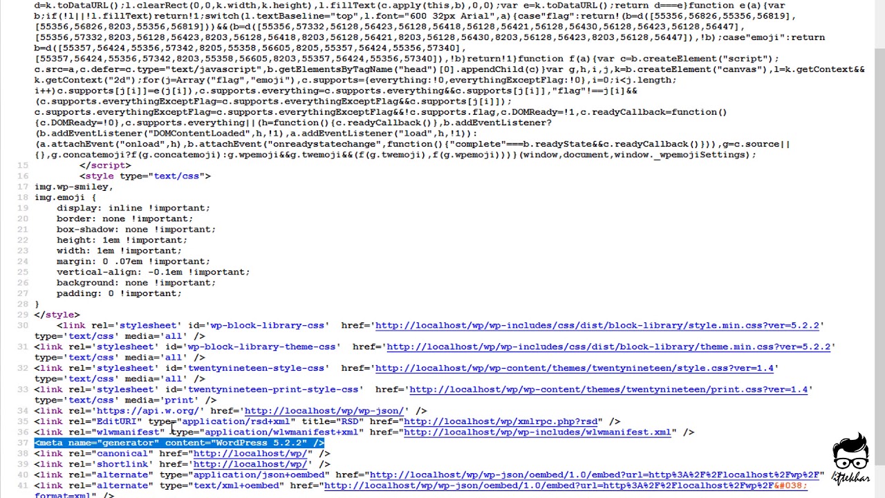 Page source showing the WordPress version in the generator meta tag