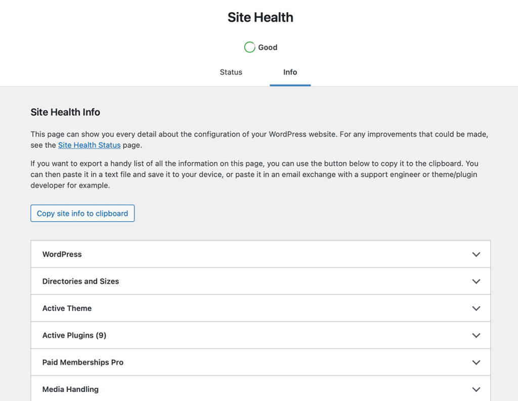 WordPress Site Health Info tab showing the installed WordPress version
