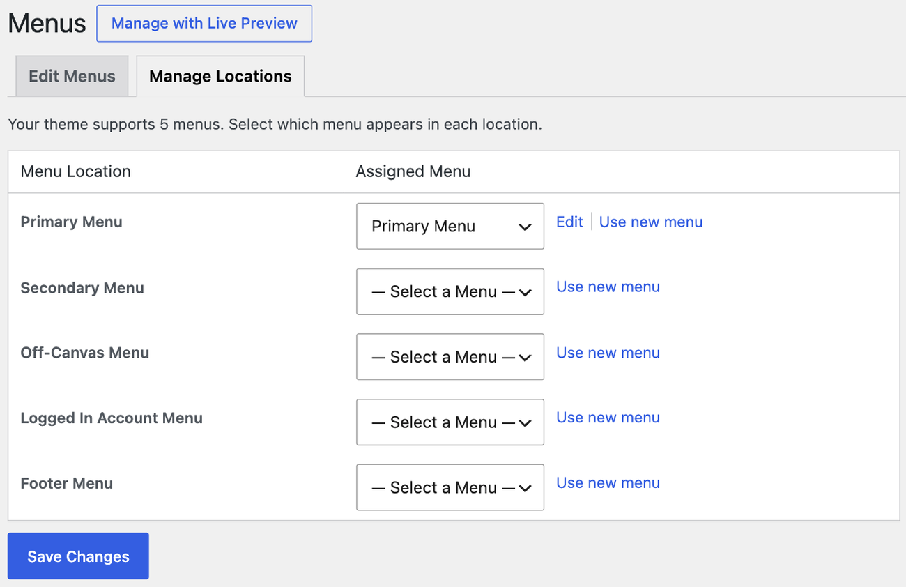WordPress menu locations to reassign after installing a new theme