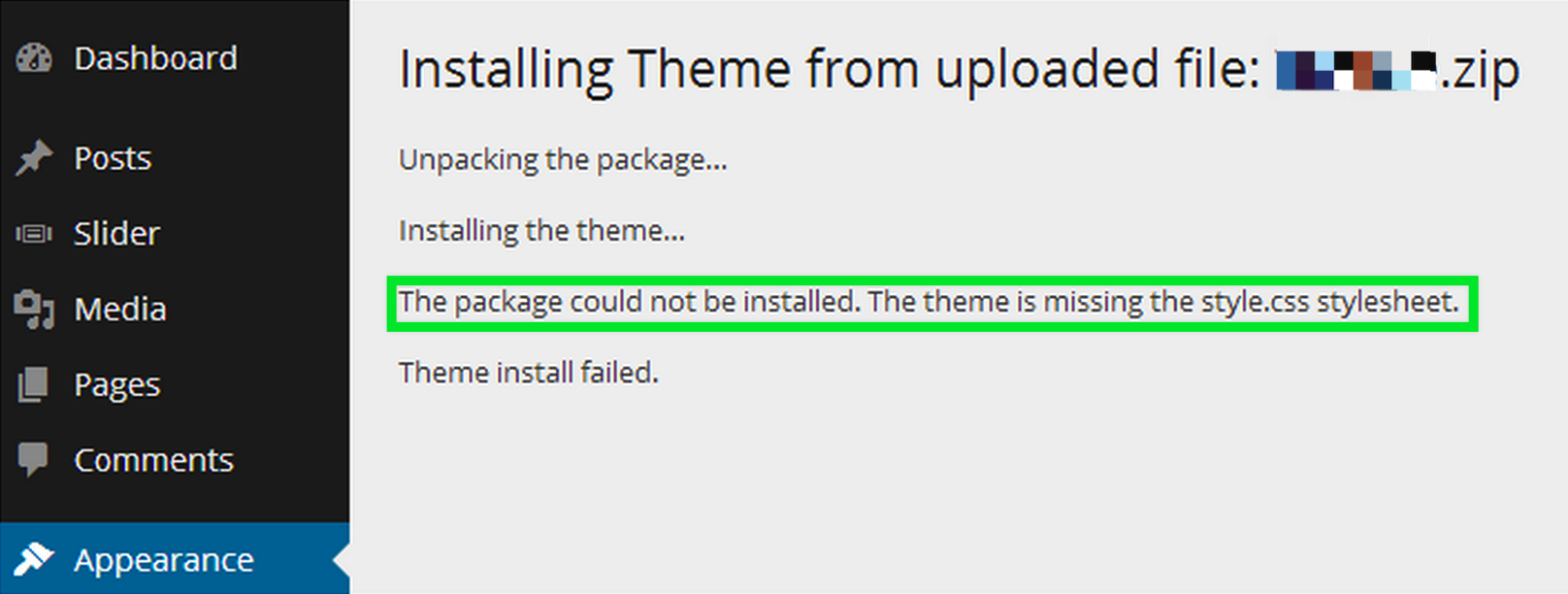 WordPress theme install error: the theme is missing the style.css stylesheet