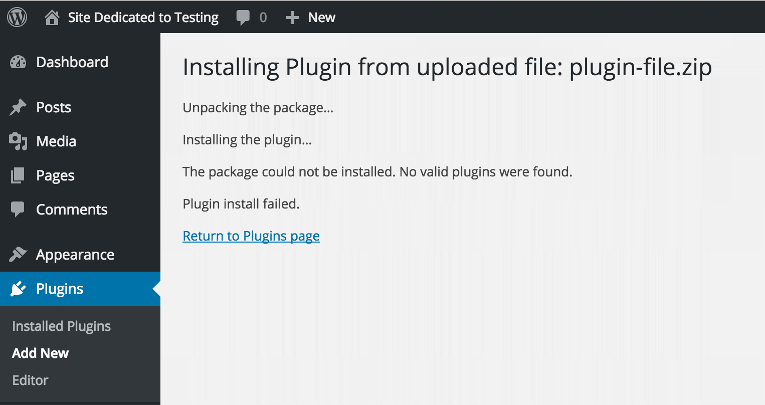 WordPress plugin install failed error saying no valid plugins were found