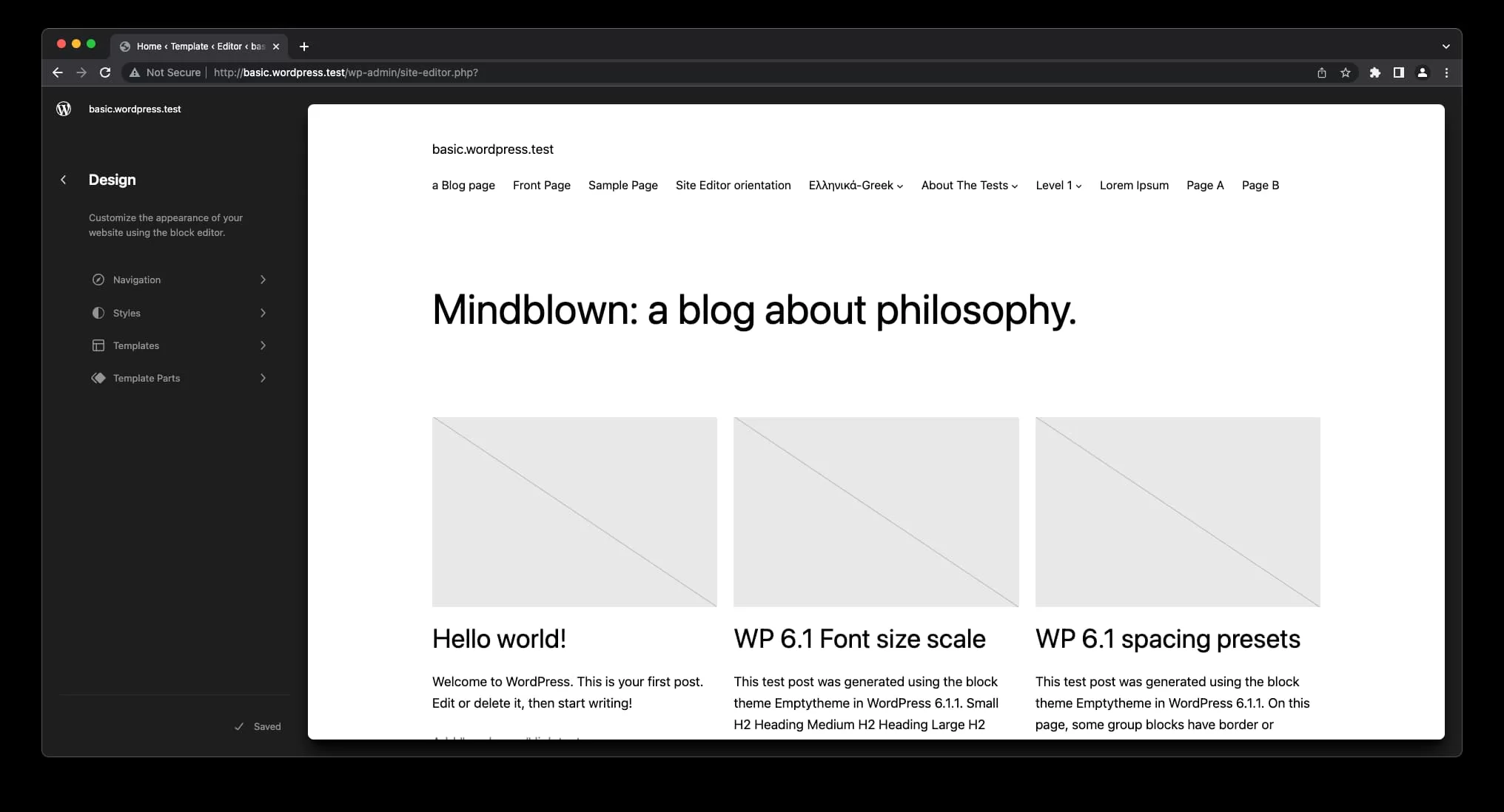 WordPress Site Editor showing the blog template that controls the posts page layout