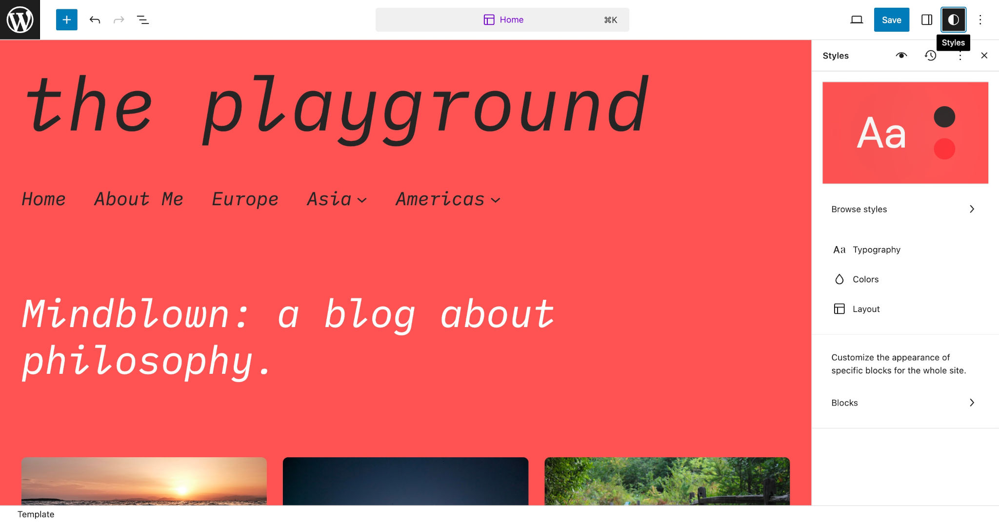 WordPress Site Editor Styles panel controlling global layout and design