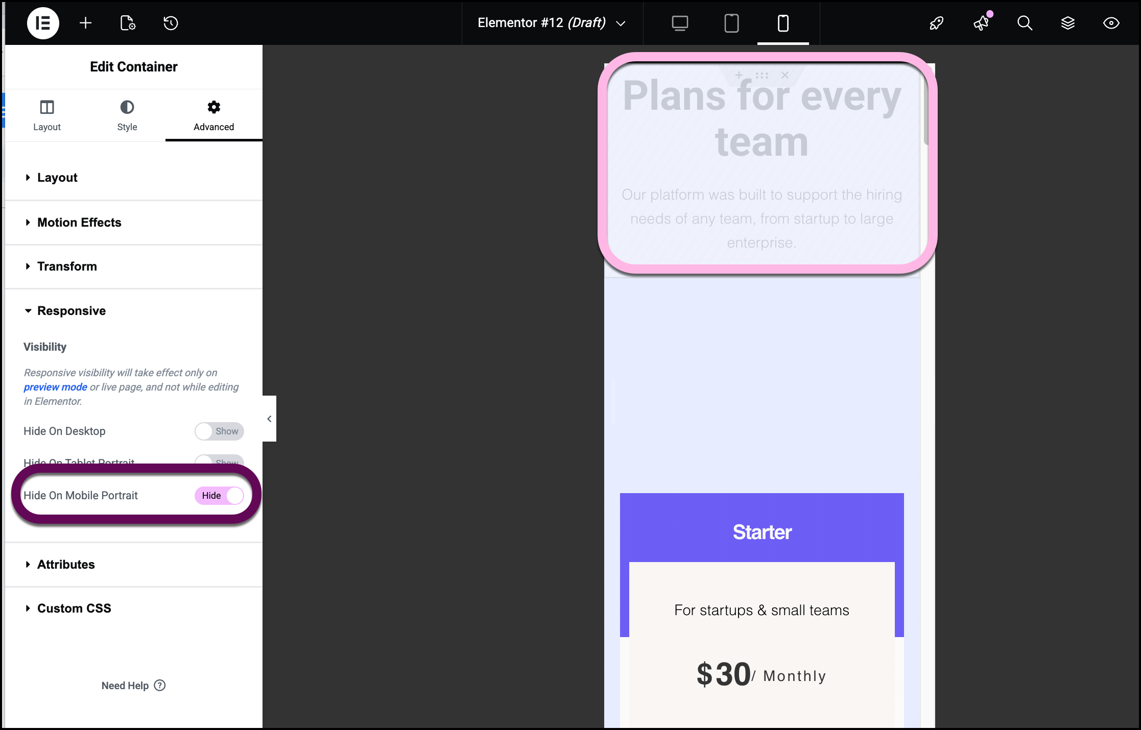 Elementor mobile responsive view showing device-specific website layout settings