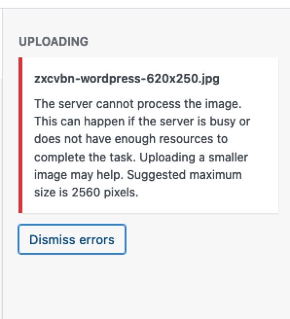 WordPress image upload error suggesting a maximum size of 2560 pixels