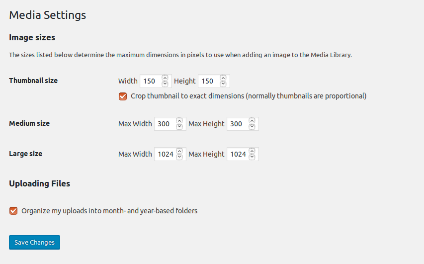 WordPress Settings Media screen with image size settings