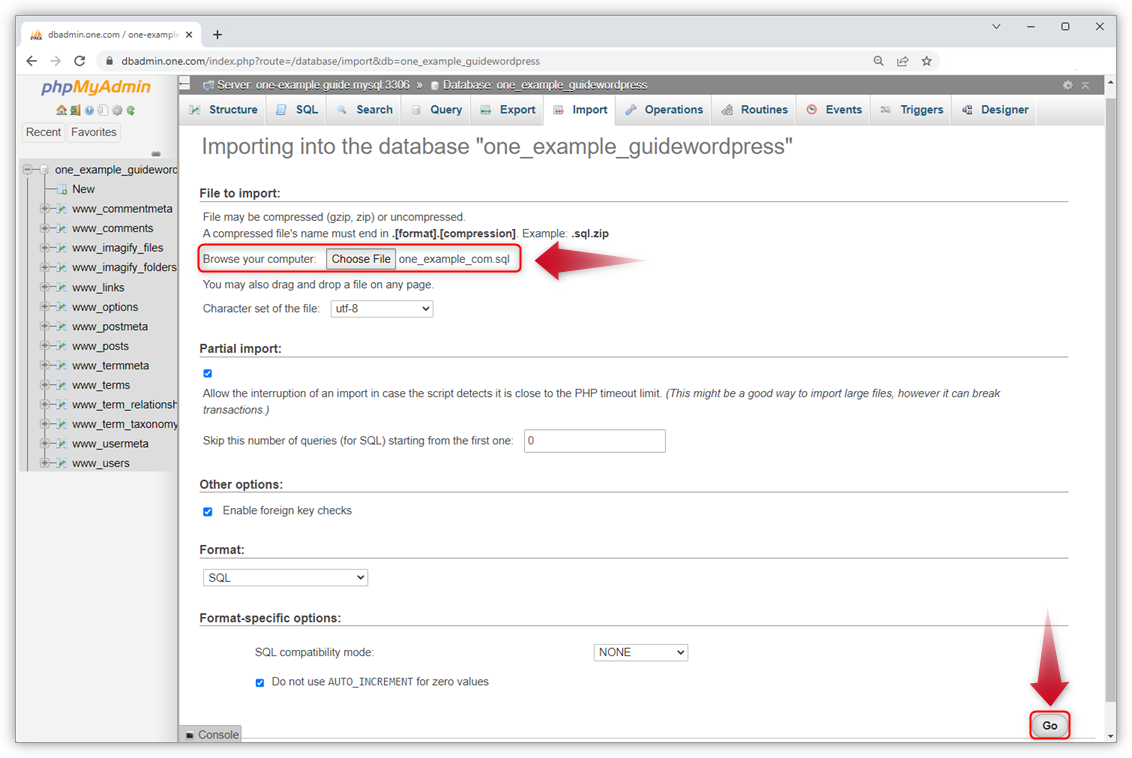 phpMyAdmin Import tab used for a WordPress database restore