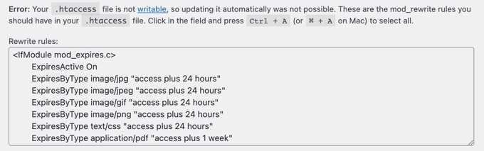 WordPress permalinks notice asking to update the .htaccess file