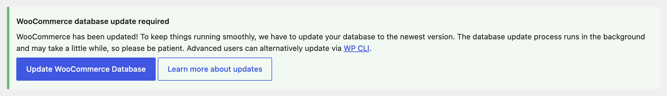 WooCommerce database update notice in the WordPress admin during store maintenance