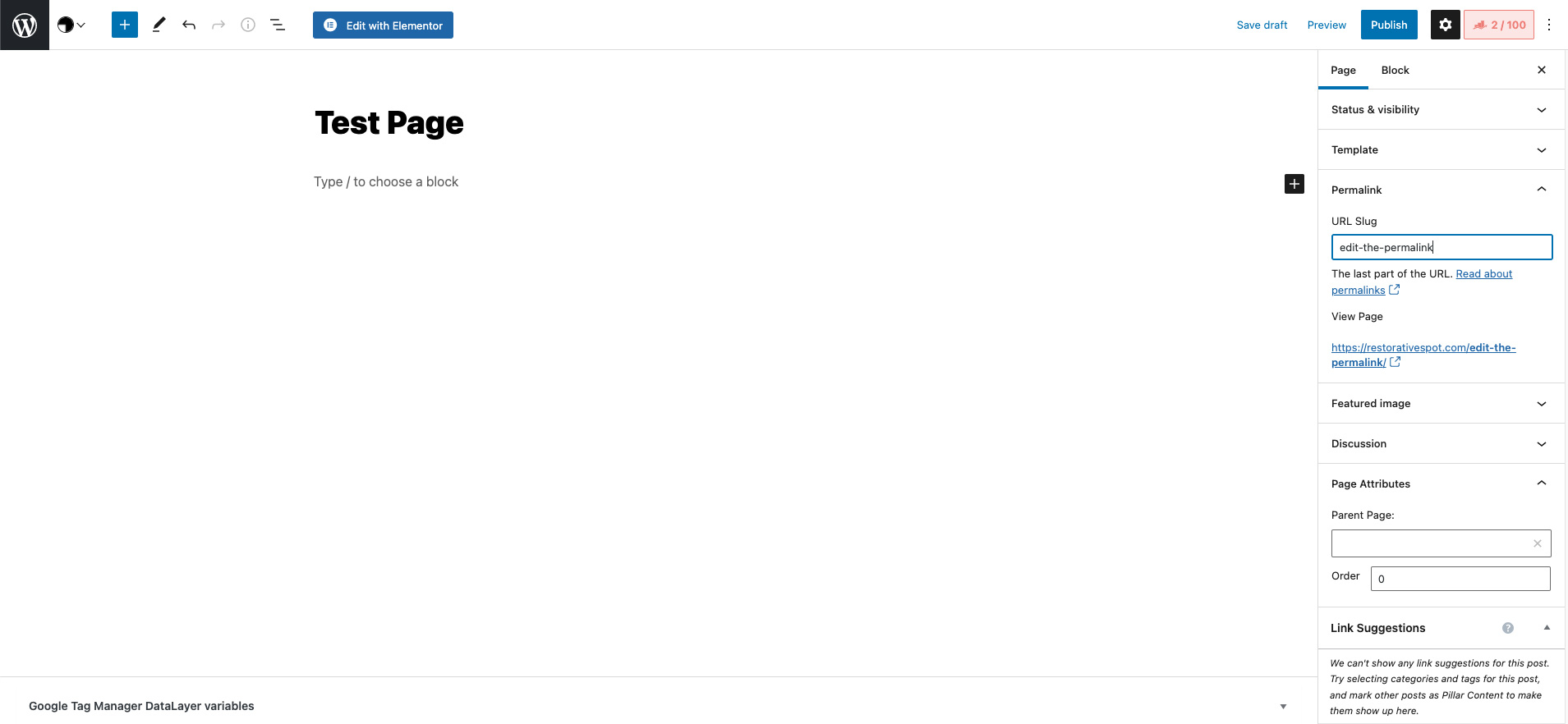 Editing a WordPress slug in the block editor settings sidebar
