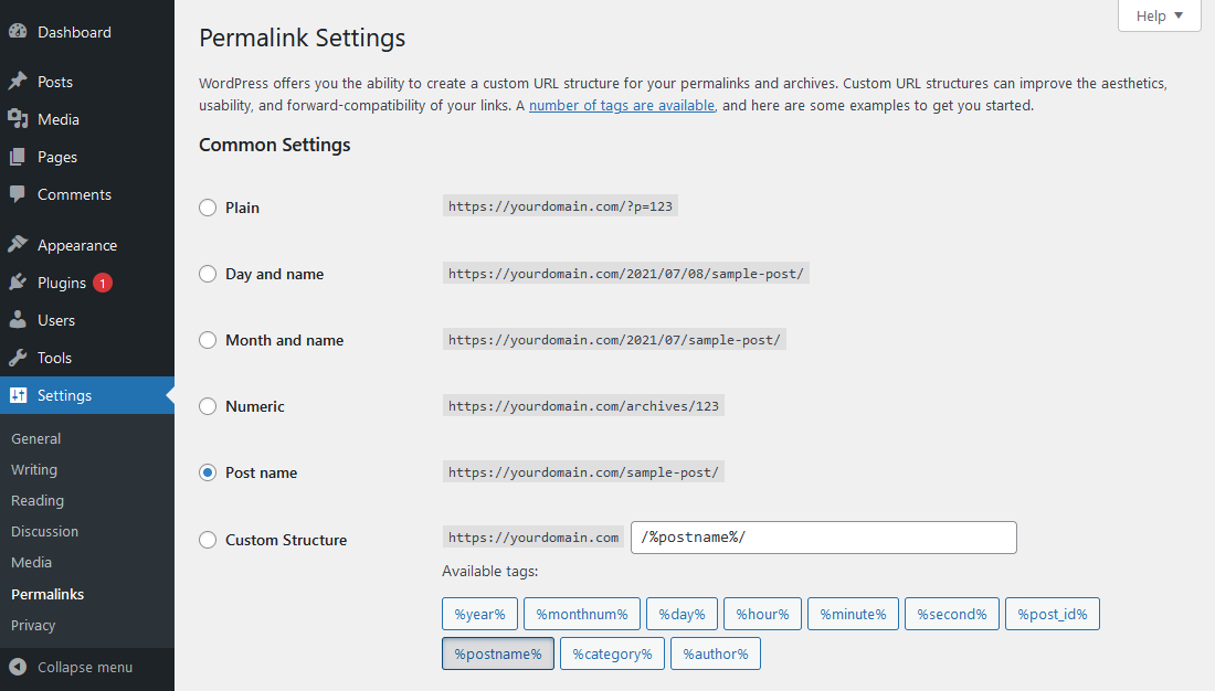 WordPress permalink settings screen with structure options for the slug