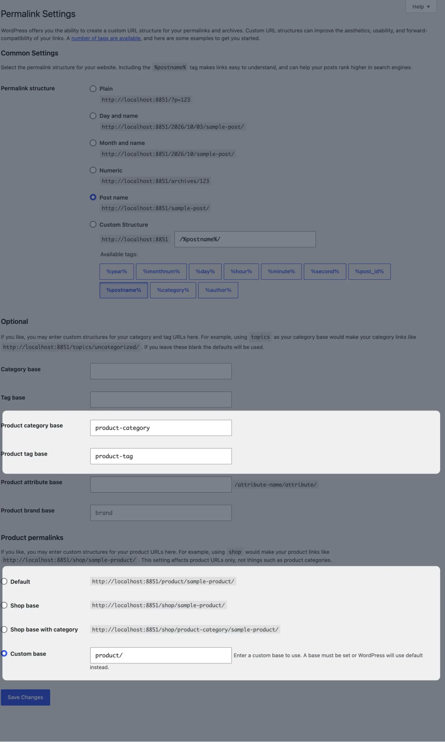 WooCommerce product permalinks settings with product and category slug bases