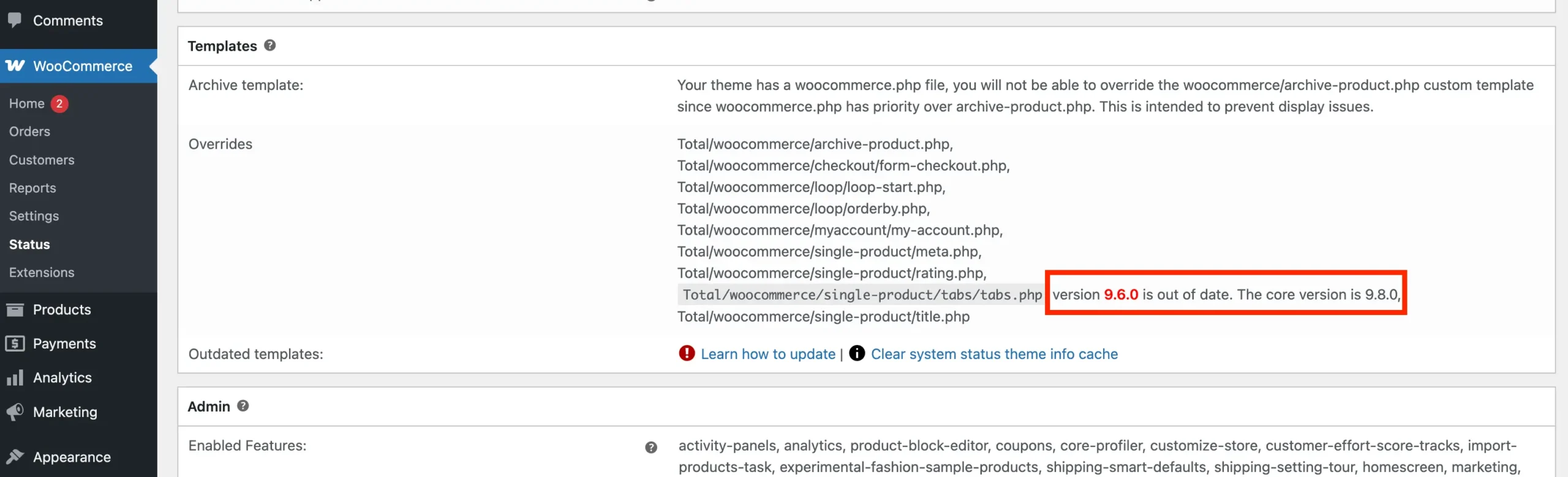 WooCommerce System Status listing outdated theme template overrides