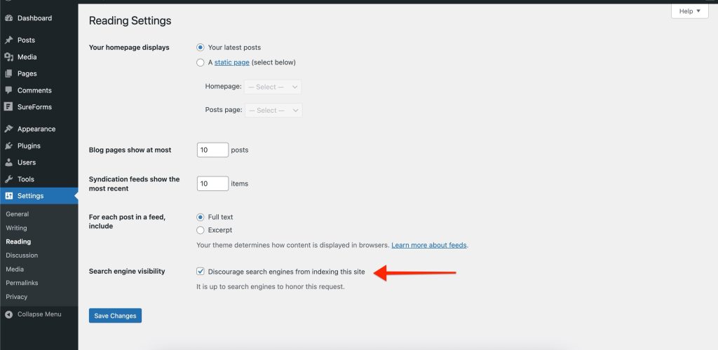 WordPress Reading settings with the Discourage search engines checkbox