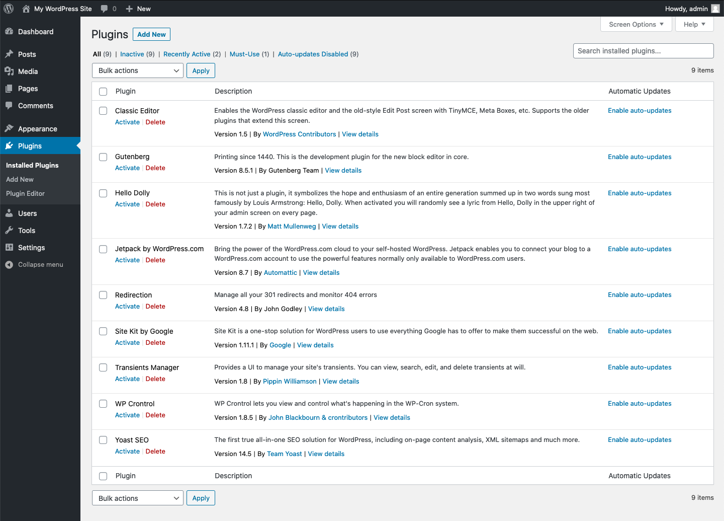 WordPress installed plugins screen with updates available on a business website