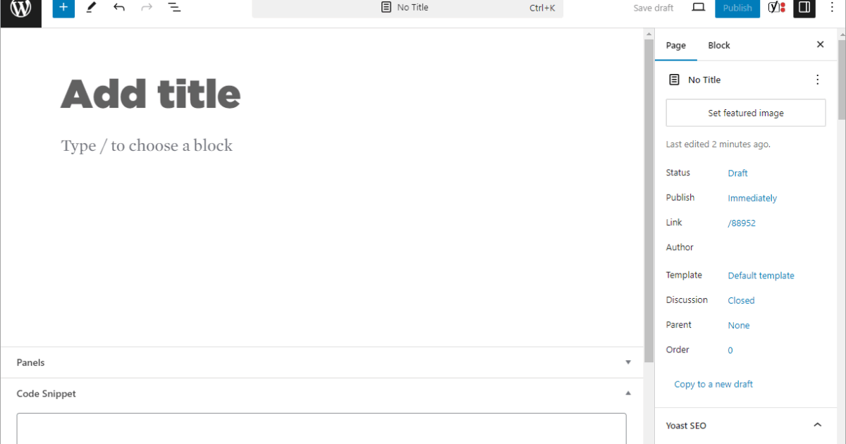 WordPress landing page builder alternative: block editor Template panel for a page