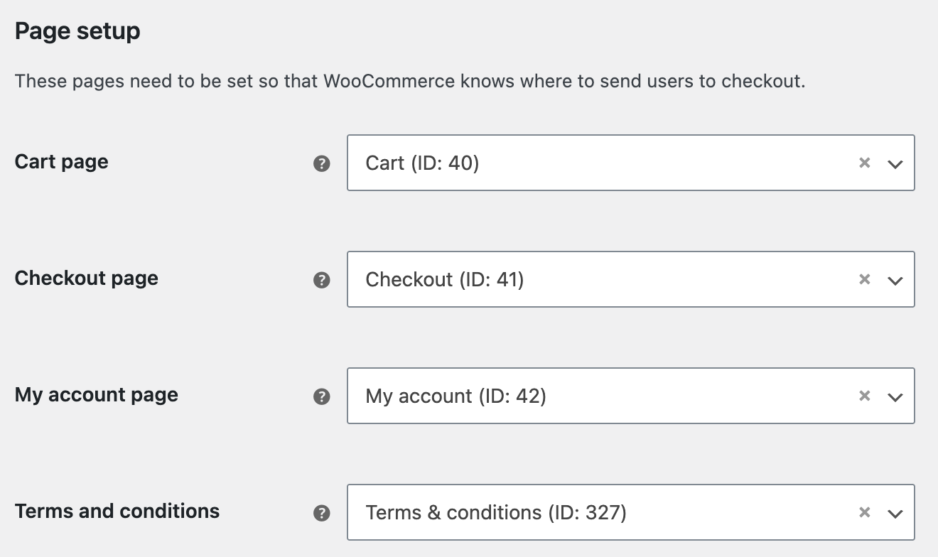WooCommerce page setup screen keeping Cart, Checkout and My Account separate from a landing page