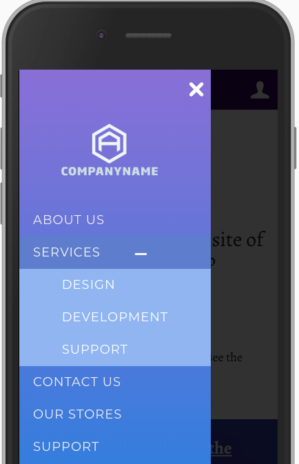 WordPress header checked at phone width with the mobile menu open