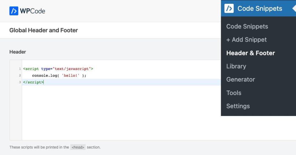 WPCode Header and Footer screen for adding code to the WordPress header
