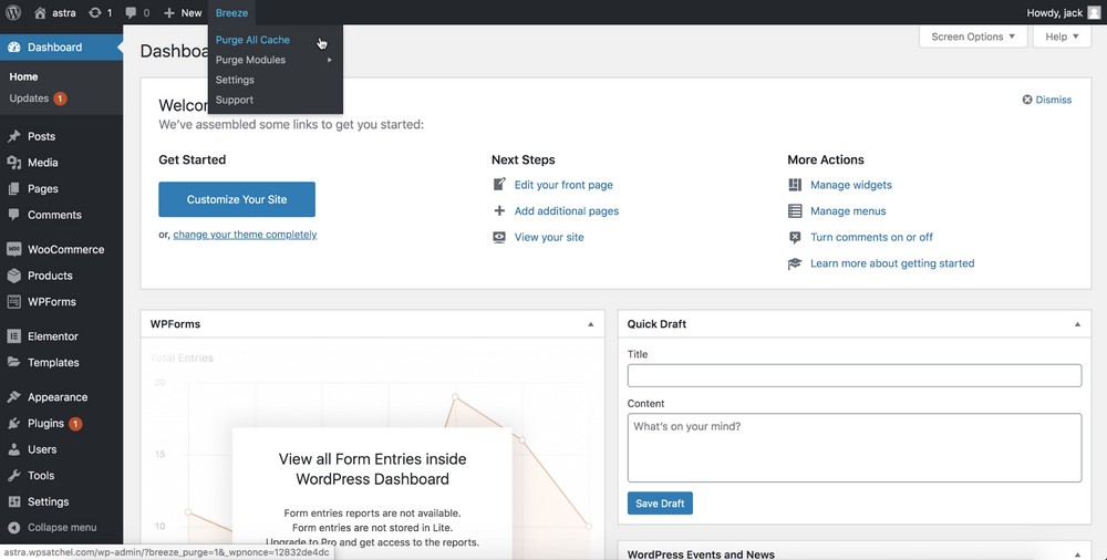 WordPress admin bar showing a cache plugin purge menu for a page not updating