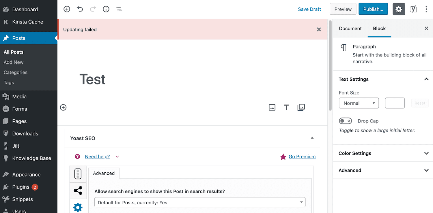 WordPress block editor showing an Updating failed notice when a page is not updating