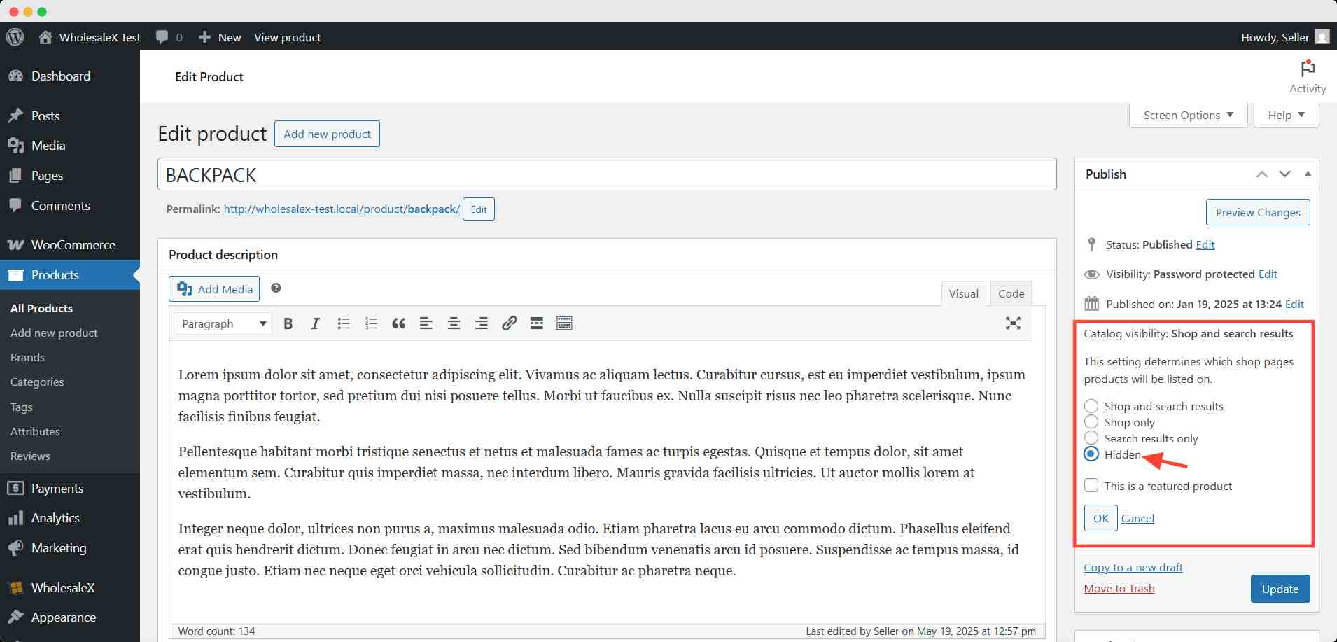 WooCommerce Catalog visibility set to Hidden for a password protected product