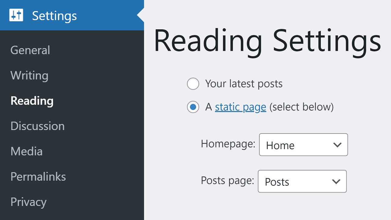 WordPress Reading settings setting a landing page as the static homepage
