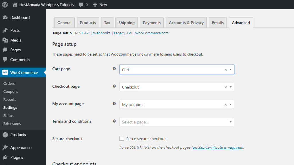 WooCommerce Advanced page setup with Cart and Checkout pages assigned for a landing page