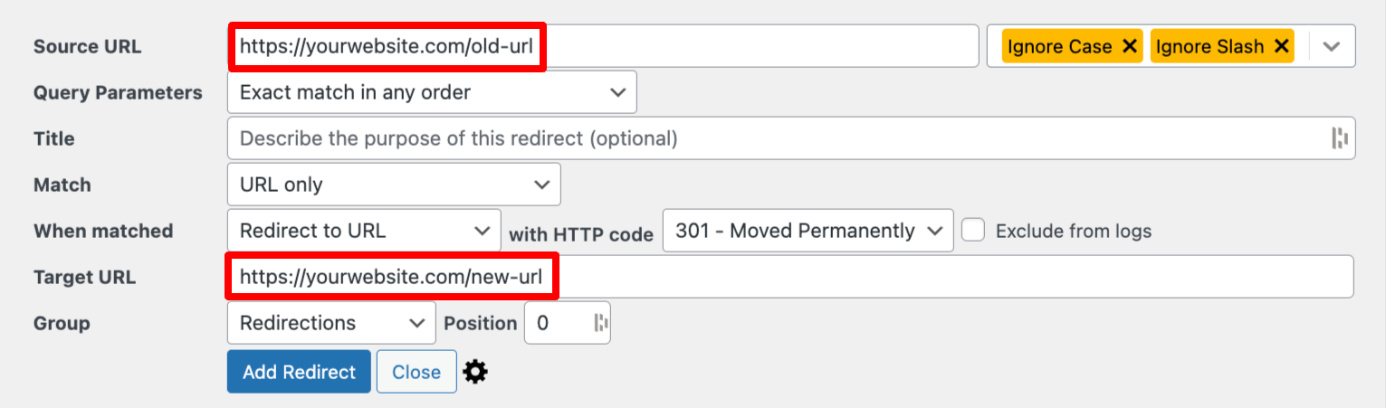 Redirection plugin Add new redirect form in the WordPress admin