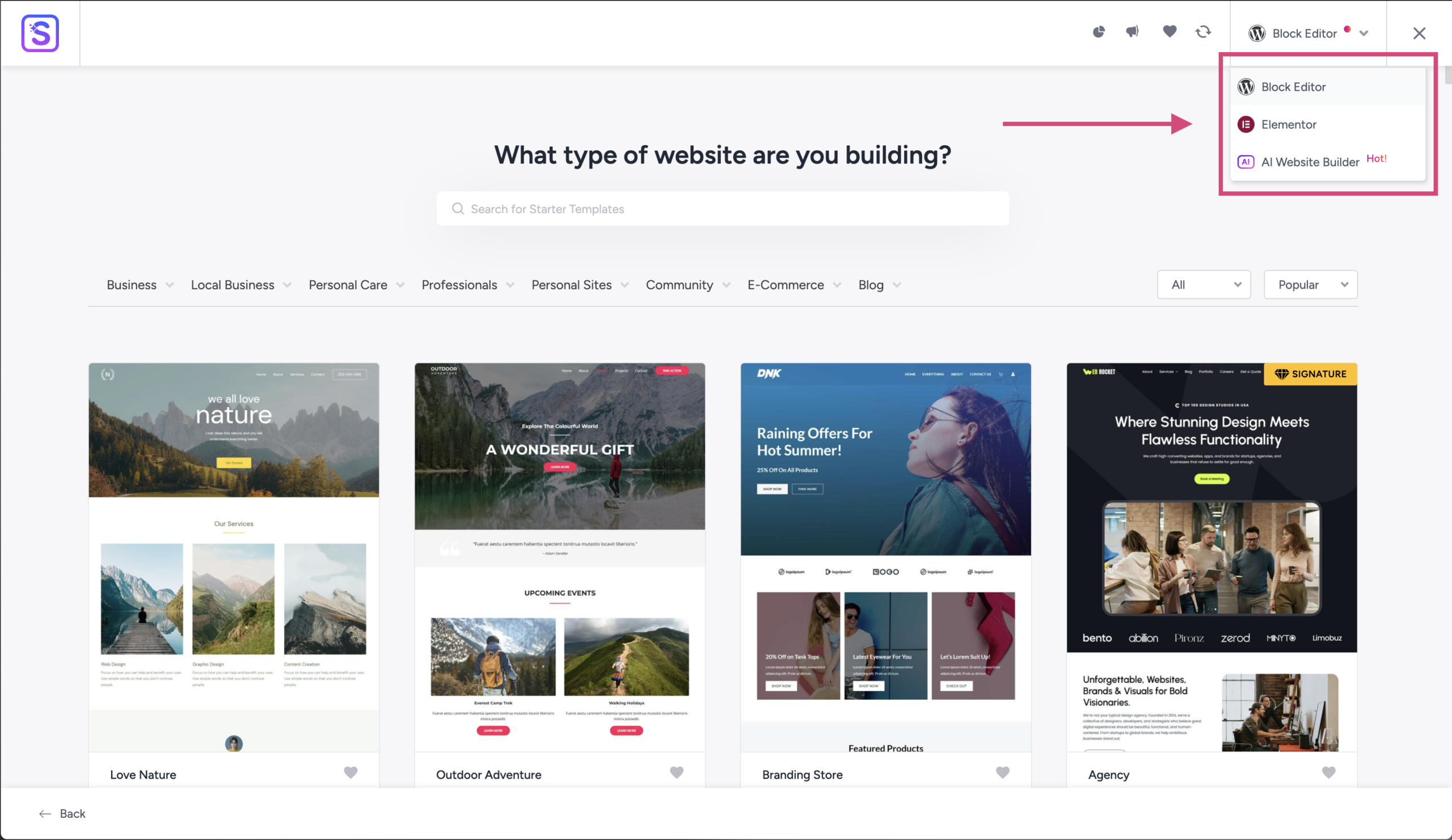 Starter Templates plugin library of business website templates in WordPress admin