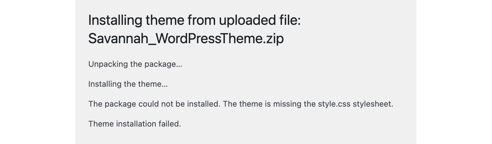 WordPress theme installer error saying the theme is missing the style.css stylesheet