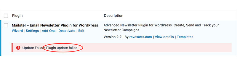 WordPress updating failed error shown under a plugin on the Plugins screen
