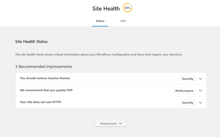 WordPress Site Health status screen used to diagnose a failed update