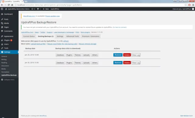 WordPress backup plugin restore screen in a care plan routine