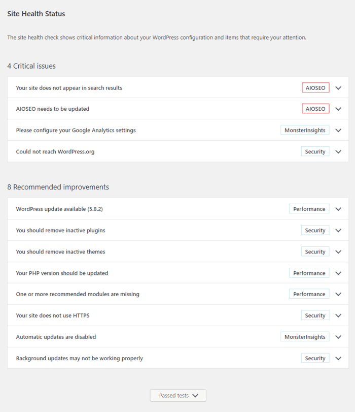 WordPress Site Health screen used as a free care plan check